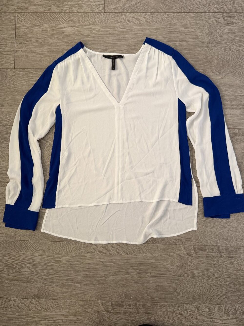 BCBGMAXAZRIA White Blue Colorblock V Neck Long Sleeve Blouse XS
